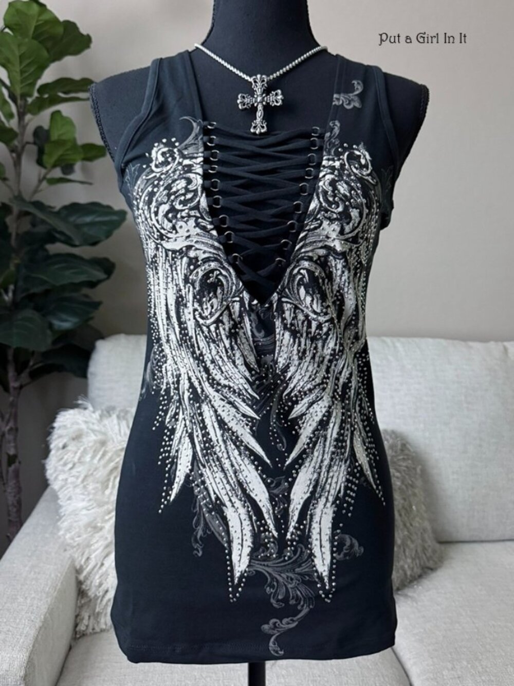 New women's crystal black angel wings lace up deep v tank top s m l xl 1x 2x 3x